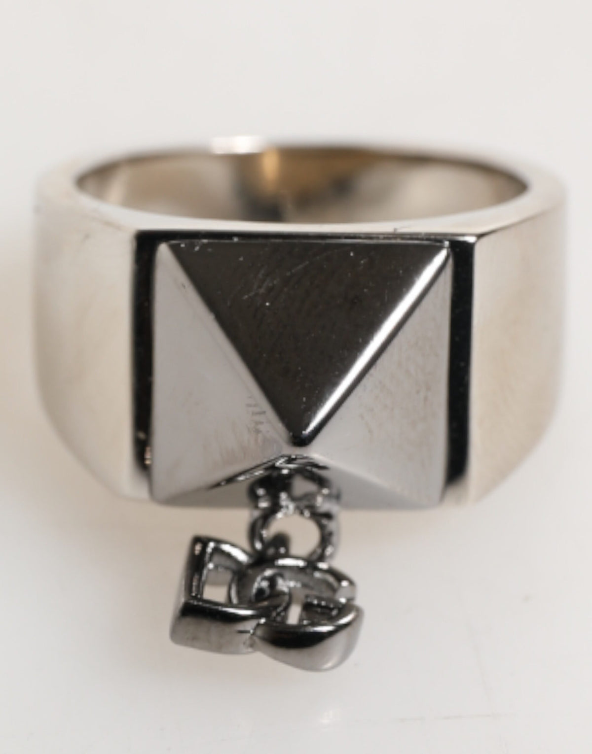 Dolce & Gabbana Silver Tone Pyramid DG Logo Real Brass Ring