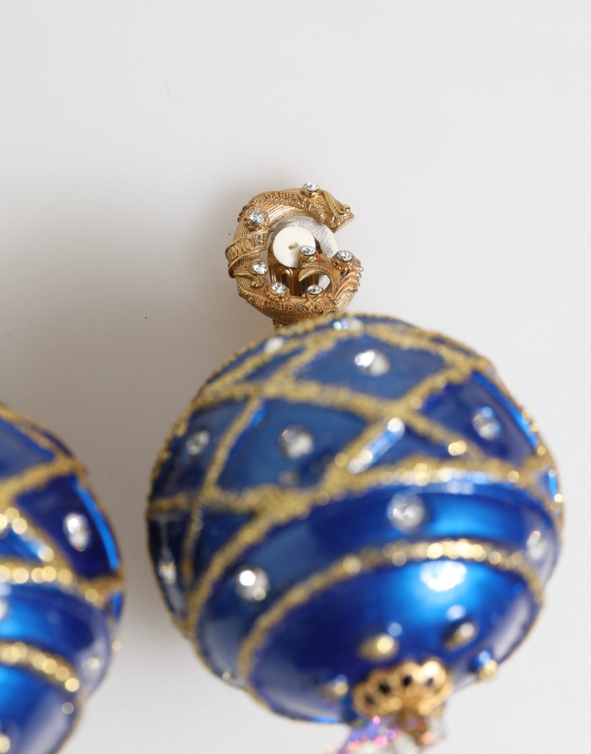 Dolce & Gabbana Gold Brass Blue Christmas Ball Crystal Drop Clip On Earrings