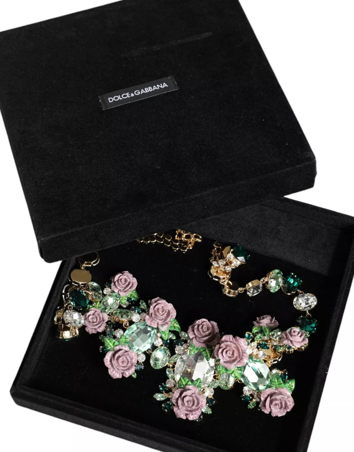 Dolce & Gabbana Gold Brass Link Chain Rose Petal Crystal Necklace
